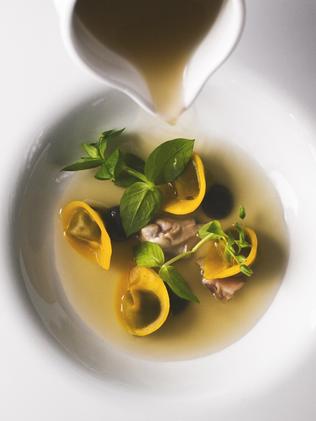 Hops, ravioli, goat kid brain, drops of black bean and anchovies. Picture: Suzan Gabrijan.