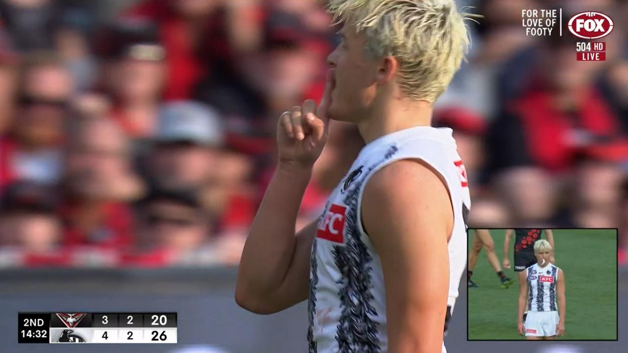 Jack Ginnivan shushes the Essendon fans after his second goal.