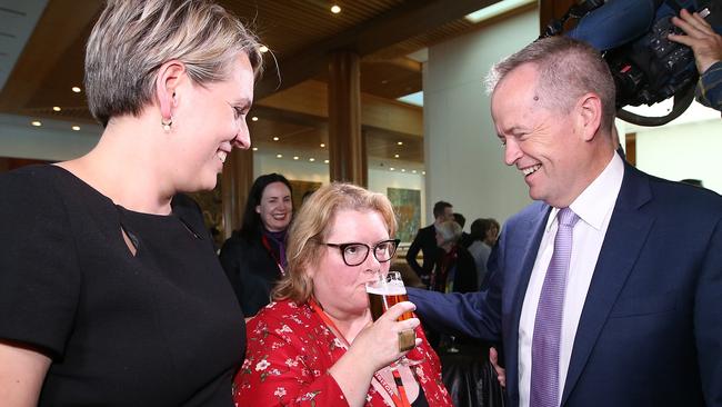 Tanya Plibersek, Magda Szubanski and Bill Shorten at Parliament House in Canberra..