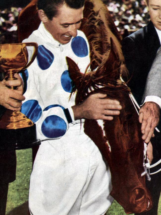 Jockey Roy Higgins and strapper David Edwards after Light Fingers’ 1965 win.