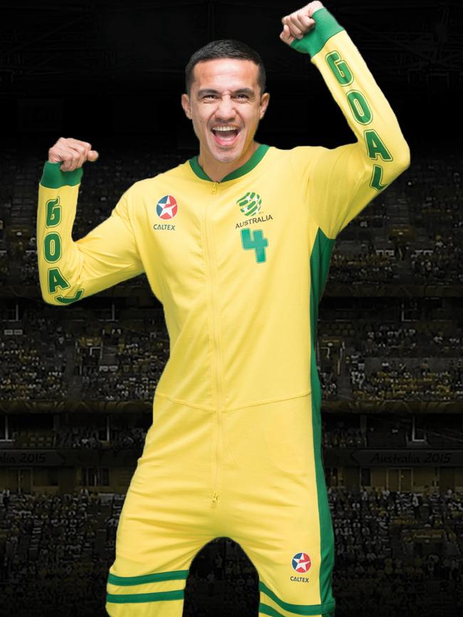 Tim Cahill models a Caltex Socceroos onesie.