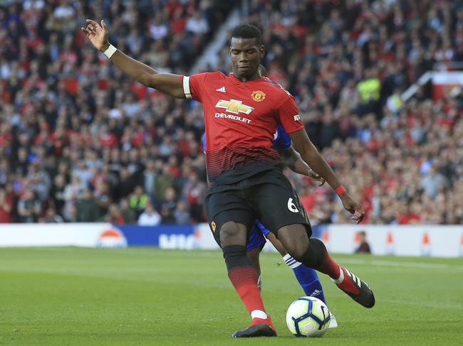 Pogba sends in a cross against Leicester City at Old Trafford. Picture: AP