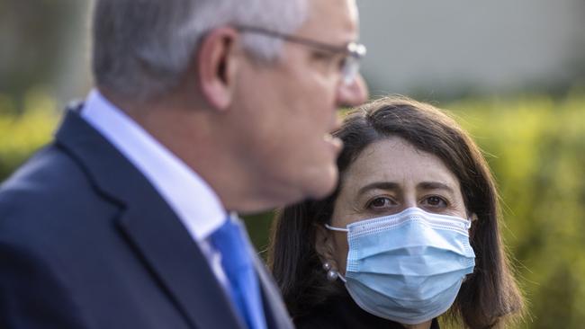 The PM Scott Morrison and NSW Premier Gladys Berejiklian have been at odds over Covid vaccinations. Picture: Jenny Evans/Getty