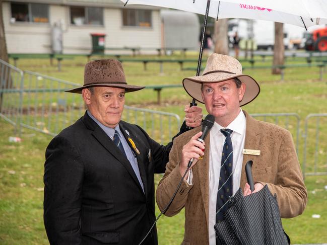 Wayne Bradshaw (left) and RASQ president, Shane Charles. The official unveiling of the Woodchop Arena in memory of John "Cracker" McDonald. Heritage Bank Toowoomba Royal Show. Saturday April 20th, 2024 Picture: Bev Lacey