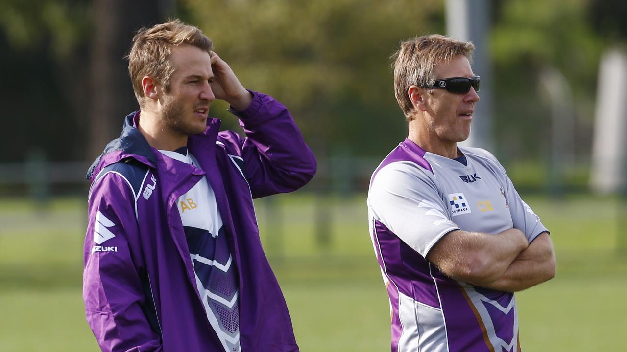 Aaron Bellamy (left) is one of three assistant coaches under Craig Bellamy at the Storm and may be handed the head coaching job when his father retires. Pic: Michael Klein