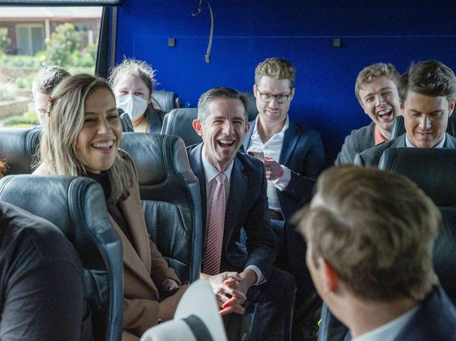 Mr Nice Guy. Simon Birmingham rides the media bus to an event in Adelaide. Picture: Jason Edwards