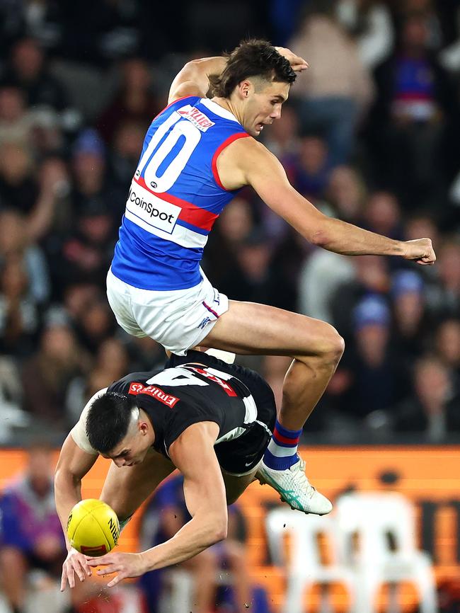 Sam Darcy crashes into Brayden Maynard. Picture: Getty Images