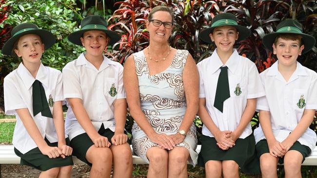 Year 6 students from Trinity Anglican School Stella Robb, Isabel du Plessis, Thelma Addison-Vervi and Zack Limpus with their teacher from 2022 Simone Calligaro. Picture: Isaac McCarthy