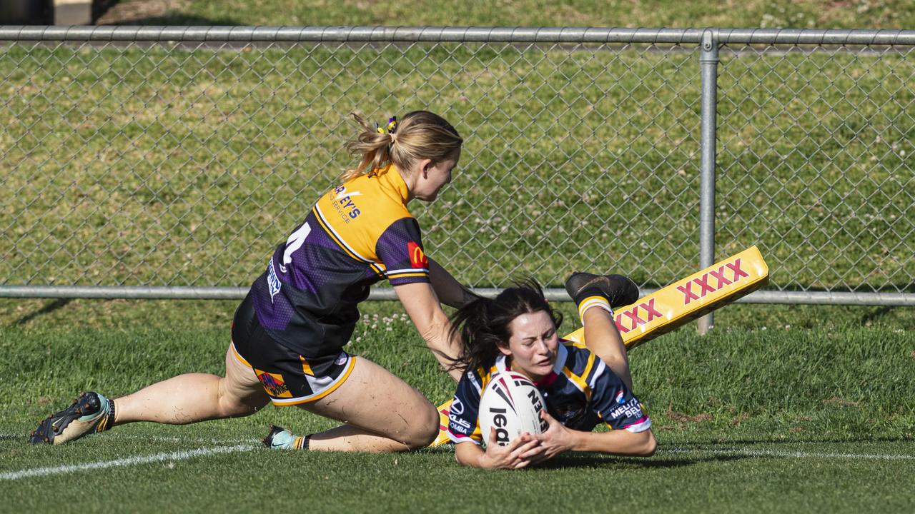 Tyla Cantwell gets a try for Highfields against Gatton in TRL Women grand final rugby league at Toowoomba Sports Ground, Saturday, September 14, 2024. Picture: Kevin Farmer