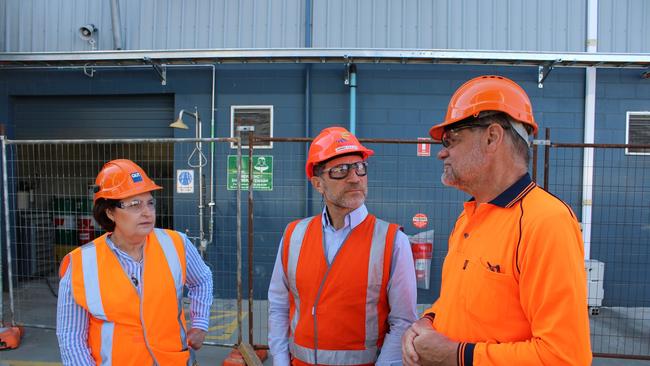 Mackay MP Julieanne Gilbert, Queensland University of Technology Senior Research Fellow, and Agriculture and the Bioeconomy engineer, Dr Darryn Rackemann, and Mercurius Biorefining CEO Karl Seck at the Mackay Renewable Biocommodities Plant at Racecourse Mill. Picture: Contributed