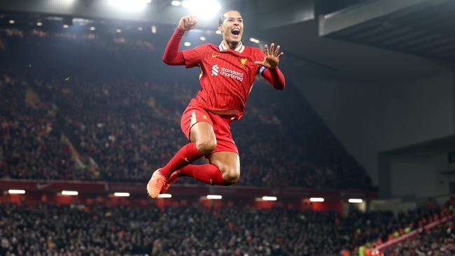 Virgil van Dijk of Liverpool celebrates scoring his team's fourth goal. Photo by Carl Recine/Getty Images.