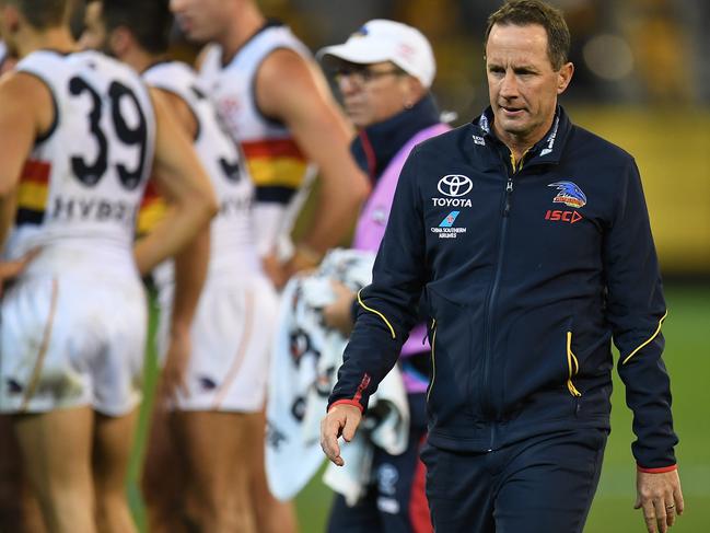 Crows coach Don Pyke is seen during the Round 13 AFL match between the Hawthorn Hawks and the Adelaide Crows at the MCG in Melbourne, Saturday, June 16, 2018. (AAP Image/Julian Smith) NO ARCHIVING, EDITORIAL USE ONLY