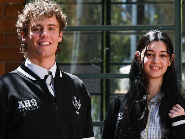 4th of November 2024  - Adelaide High School students (L-R) Finn McArdle, Pranati Kaushal, Elsa Dickel and Elia Limareff coming out of the first year 12 exam of the period. Photo: Naomi Jellicoe