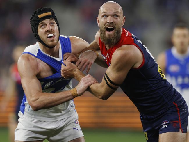 Tristan Xerri battles Max Gawn in a ruck contest. Picture: Michael Klein