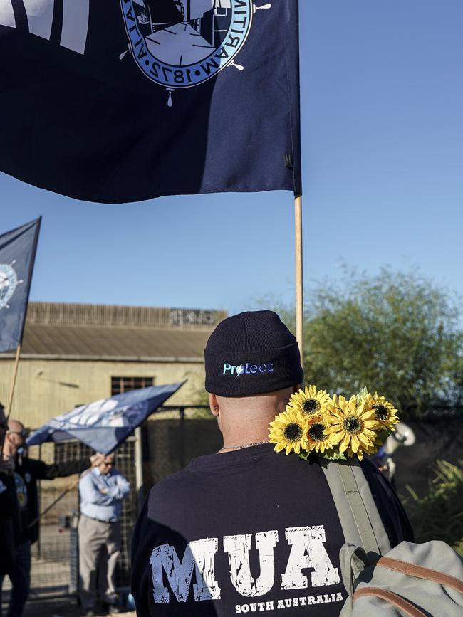 Protest at Shed 26. Picture: AAP/MIKE BURTON