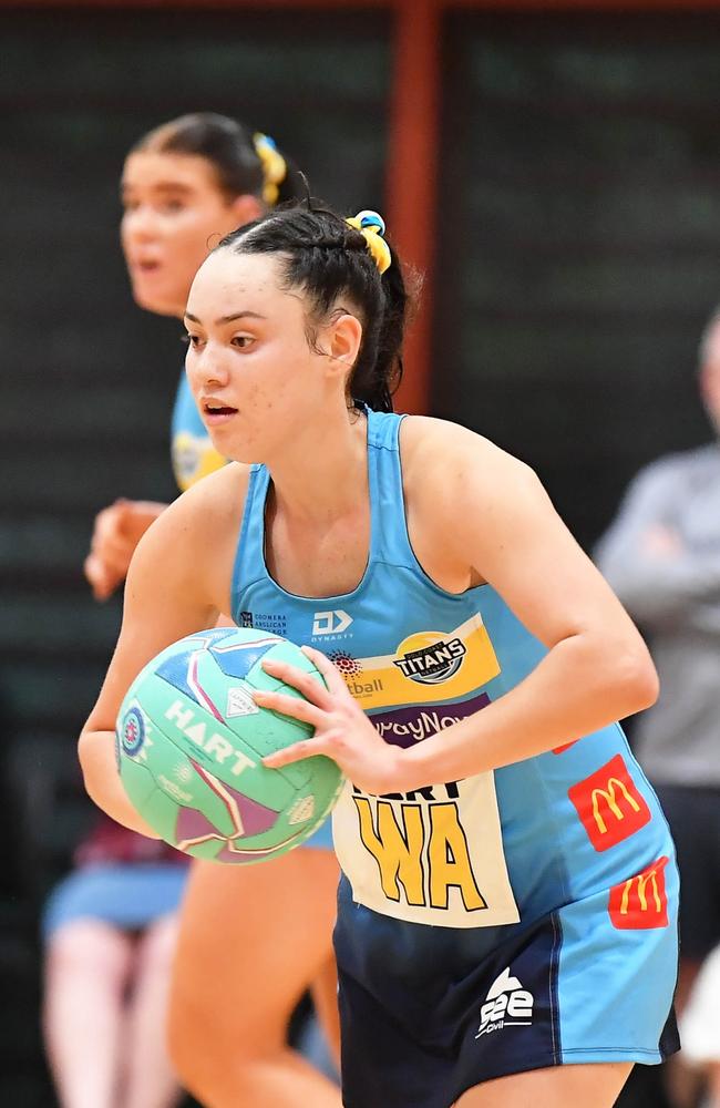 Brisbane North Cougars (red) vs Gold Coast Titans, Netball Sapphire Series, Nissan Arena. Picture: Patrick Woods.