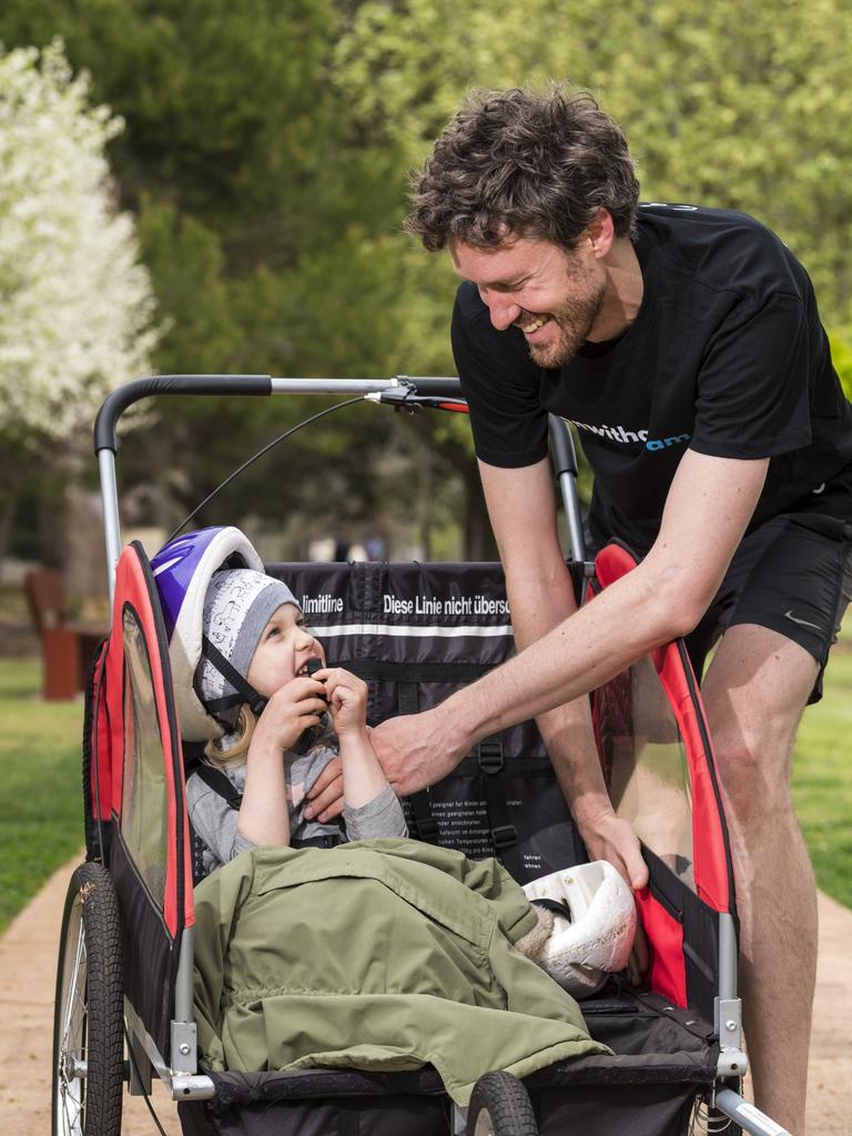 Roland Fearnley running with daughter Eleanor Fearnley at the Man with a Pram event on Father's Day, Sunday, September 5, 2021. Picture: Kevin Farmer