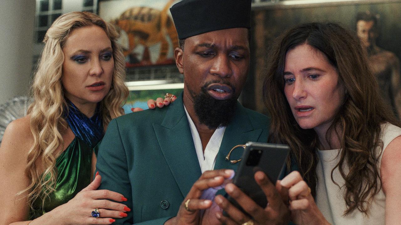 Kate Hudson, Leslie Odom Jr and Kathryn Hahn in Glass Onion. Picture: Netflix