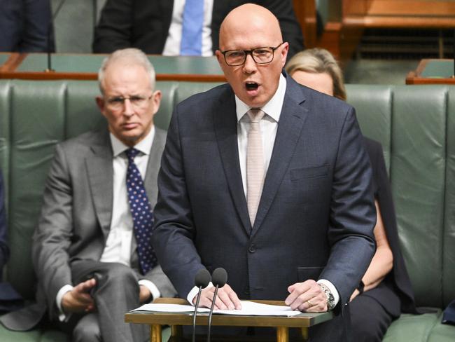 The Opposition Leader, Peter Dutton delivers his budget in reply address in the House of Representatives at Parliament House in Canberra. Picture: NCA NewsWire / Martin Ollman