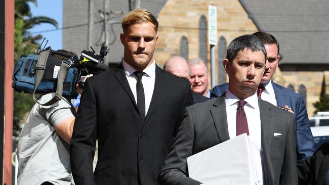 St George Illawarra’s Jack de Belin, left, leaves Wollongong Local Court yesterday. Picture: AAP