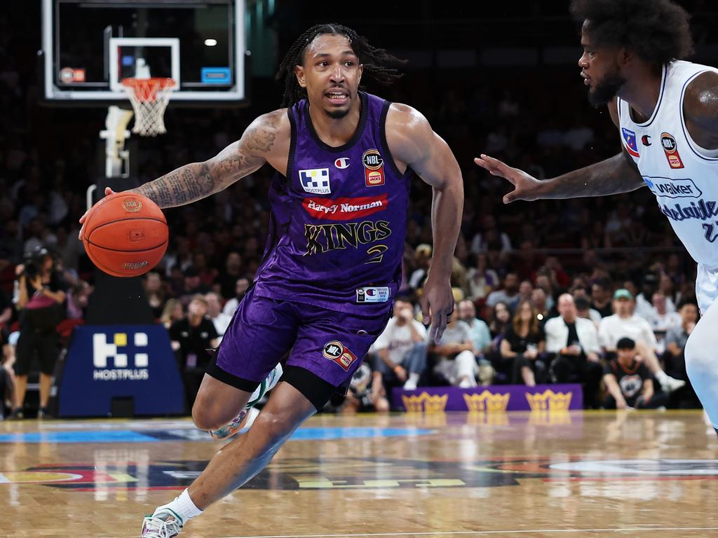 Jaylen Adams of the Kings drives to the basket during the NBL Play-In Qualifier match between Sydney Kings and Adelaide 36ers at Qudos Bank Arena. Photo: Matt King/Getty Images.