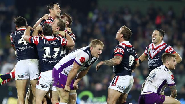 Roosters celebrate their win against Melbourne Storm. Picture: SARAH REED