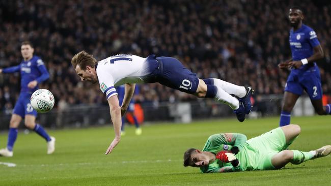 Harry Kane falls during the English League Cup semi-final first leg. Picture: AP