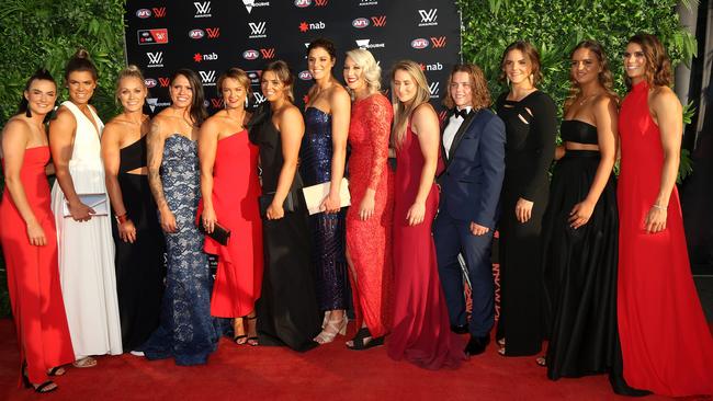 Adelaide Crows players arrive during the AFLW Best and Fairest Awards ceremony in Melbourne on Tuesday. Picture: AAP Image/Hamish Blair