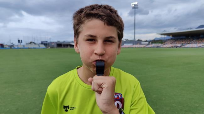 AFL Cairns umpire Hayden Koch, 14, at Cazalys. Picture: Harry Murtough