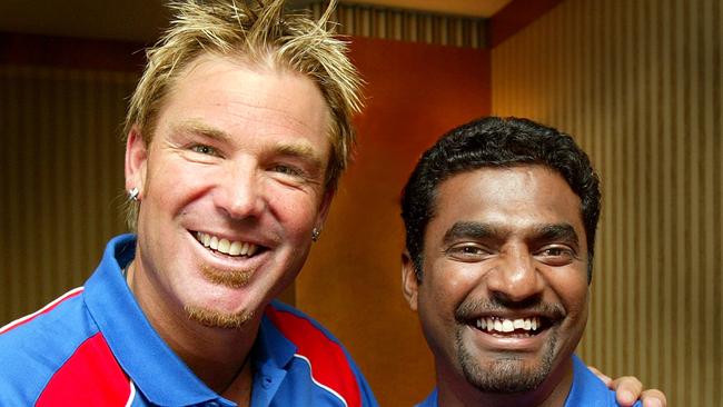 Shane Warne and Muttiah Muralitharan before the charity cricket match to raise money for tsunami victims.