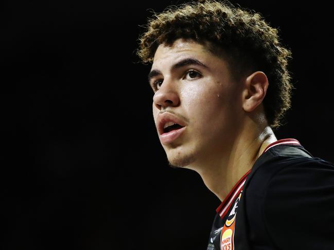 Lamelo Ball of the Hawks looks on during the NBL round one match between the Illawarra Hawks and Brisbane Bullets at WIN Entertainment Centre in Wollongong, Sunday, October 6, 2019. (AAP Image/Brendon Thorne) NO ARCHIVING, EDITORIAL USE ONLY