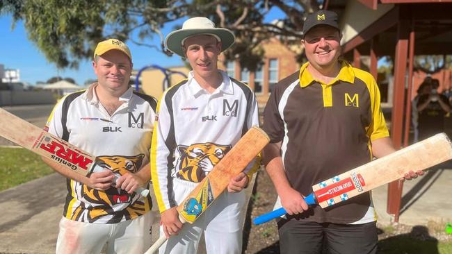 Brayden Hein with Mypolonga captain Matt Crocket and top order batter Brendan Lambe, who also made big totals against Tailem Bend. Picture: Mypolonga Cricket Club