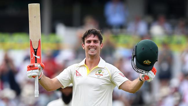 Australian batsman Mitchell Marsh reacts after scoring a century on Day 3 of the Third Ashes Test match between Australia and England at the WACA ground in Perth, Saturday, December 16, 2017. (AAP Image/Dave Hunt) NO ARCHIVING, EDITORIAL USE ONLY, IMAGES TO BE USED FOR NEWS REPORTING PURPOSES ONLY, NO COMMERCIAL USE WHATSOEVER, NO USE IN BOOKS WITHOUT PRIOR WRITTEN CONSENT FROM AAP