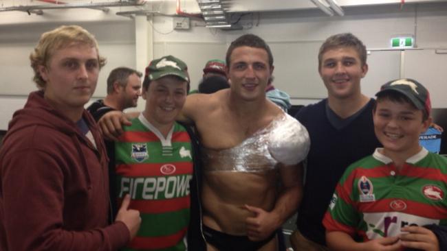 A young Harry Wilson (far right) meets his idol Sam Burgess.