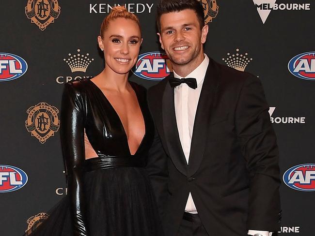 Trent Cotchin of the Tigers and Brooke Cotchin arrive at the 2019 Brownlow Medal ceremony at the Crown Palladium in Melbourne in Melbourne, Monday, September 23, 2019. (AAP Image/Julian Smith) NO ARCHIVING