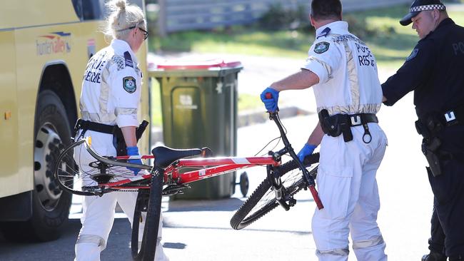 The scene where the teenager was hit and killed by a bus riding his bike in Raymond Terrace. Picture: Peter Lorimer