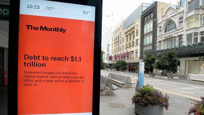 Signs of the times in the deserted Bourke Street Mall. Picture: NCA NewsWire / Andrew Henshaw