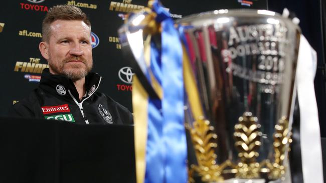 The premiership cup is within Nathan Buckley’s grasp. Picture: Michael Klein