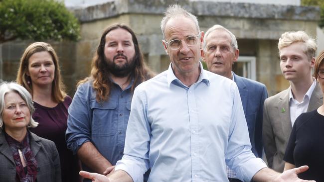 Senator Nick McKim with fellow candidates at the Tasmanian Greens 2025 federal election campaign launch in Hobart. Picture: Nikki Davis-Jones