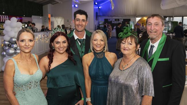 At the Emergency Services race day are (from left) Natalie Fitzgerald, Amanda Stephenson and Julian Stephenson of JLS Builders, Jacqui Fitzgerald, Raeleen Stephenson and Warwick Stephenson at Clifford Park, Saturday, August 10, 2024. Picture: Kevin Farmer