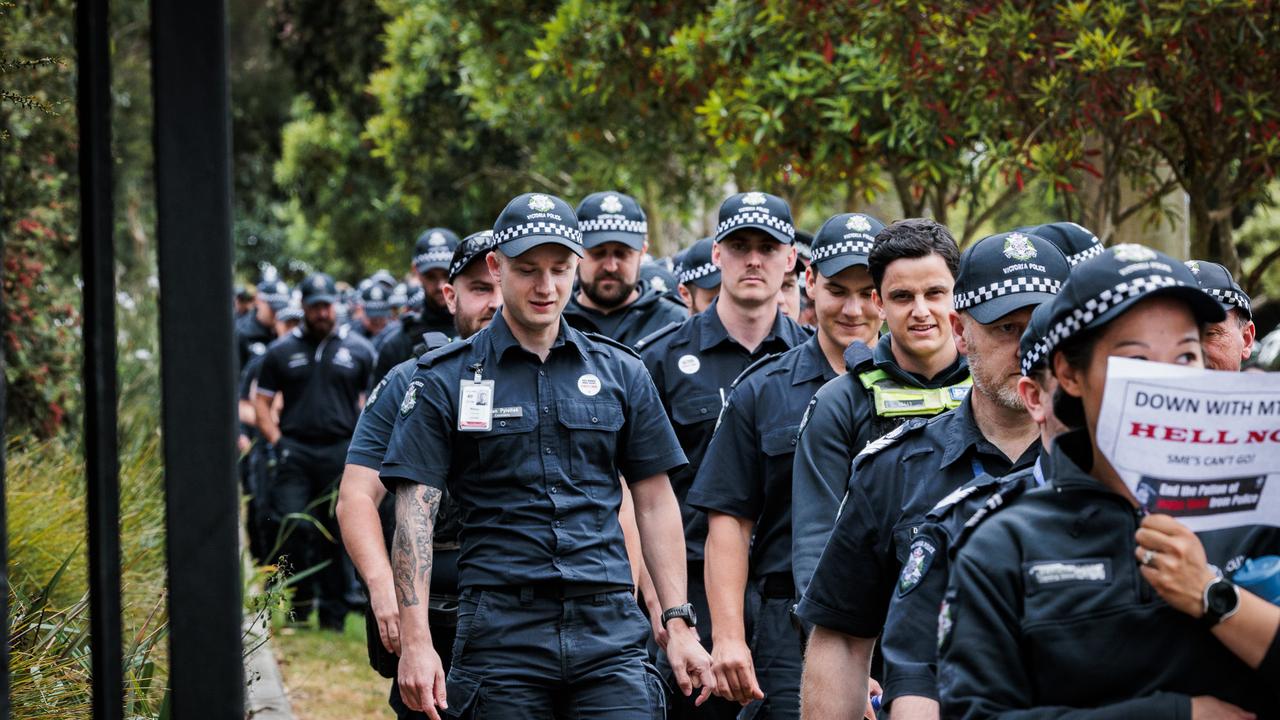 Police members staged a walkout protest at the police academy in November last year as part of the ongoing industrial relations pay disputes. Picture: NewsWire / Nadir Kinani