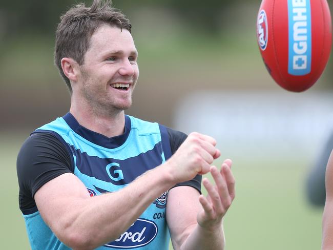 AFL: Geelong Cats training at Deakin. Patrick Dangerfield and Nakia Cockatoo picture: Glenn Ferguson