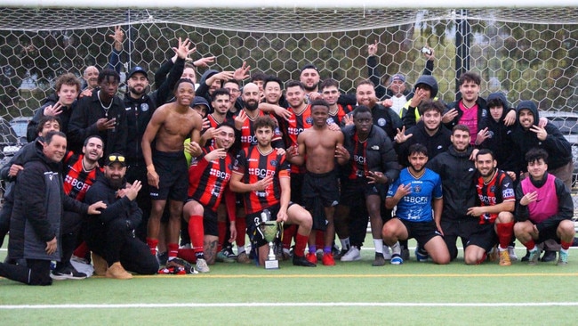 AC Unito Adelaide team members celebrating a premiership win in September 2024. Photo: AC Unito Adelaide, Facebook