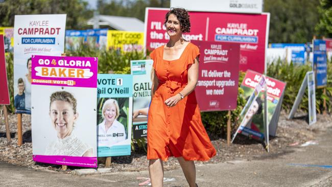 ALP candidate Kaylee Campradt arrives to speak to media at Elanora Community Centre during the Currumbin by-election. Picture: AAP/Glenn Hunt