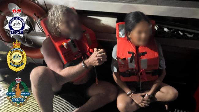 Authorities arrest fugitive Hussein Chamas and two other people aboard a yacht in the Arafura Sea, off the NT coast, on January 26, 2025. Picture: AFP