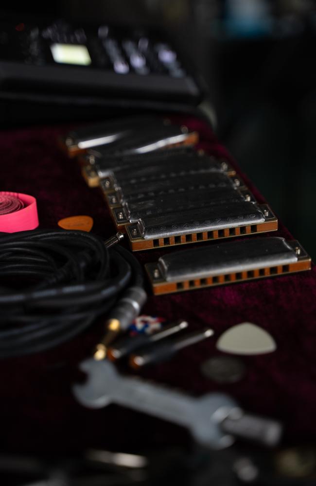 An array of harmonicas from the Wolfhound and Whippet as part of Buskers on Mary in Gympie. August 18, 2023. Picture: Christine Schindler