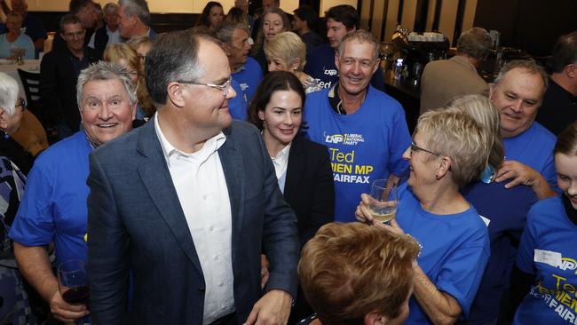 Ted O’Brien with LNP supporters and volunteers at the Buderim Tavern where the count remains tight in Fairfax. Picture: Lachie Millard