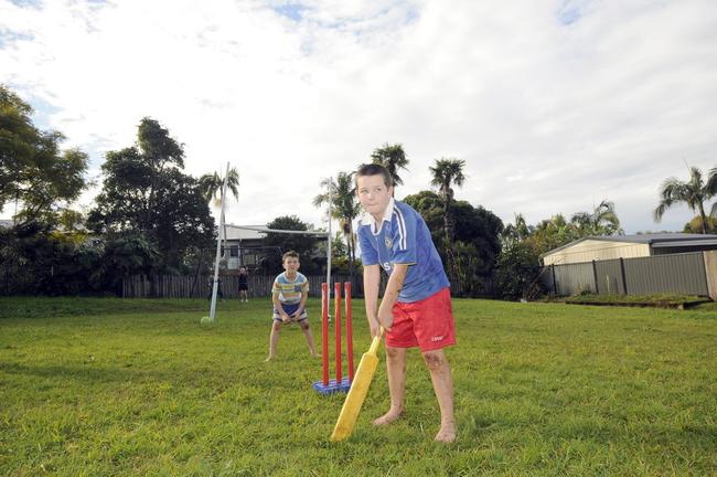 Levi Maxwell, and Ethan Magnay have a game of cricket in their Big Back park East Lismore residents and thair children are concerned about a council proposal to sell small parks around Lismore. Picture: Doug Eaton