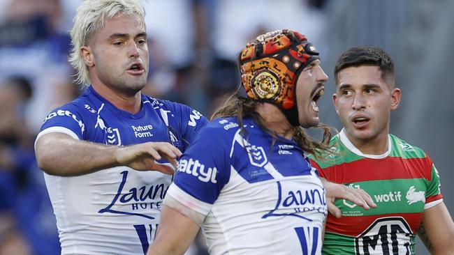 SYDNEY, AUSTRALIA - APRIL 18: Josh Curran of the Bulldogs celebrates a try during the round seven NRL match between Canterbury Bulldogs and South Sydney Rabbitohs at Accor Stadium, on April 18, 2025, in Sydney, Australia. (Photo by Darrian Traynor/Getty Images)