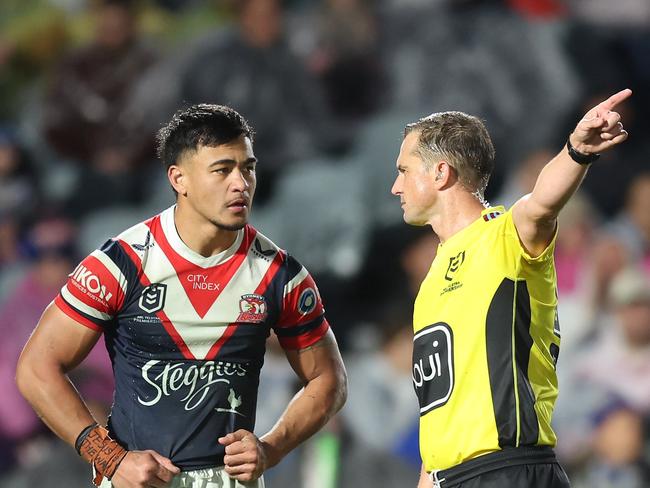 GOSFORD, AUSTRALIA - JUNE 22:  Fetalaiga Pauga of the Roosters is sent of by Referee Grant Atkins during the round 16 NRL match between Sydney Roosters and Canterbury Bulldogs at Industree Group Stadium, on June 22, 2024, in Gosford, Australia. (Photo by Scott Gardiner/Getty Images)